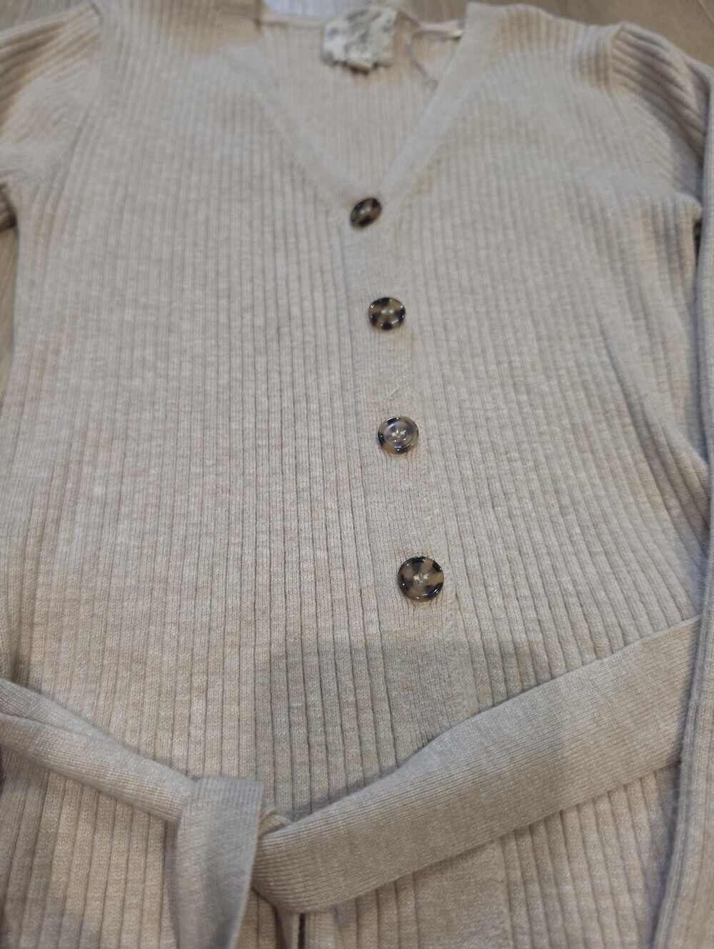Hippie Rose Ribbed Sweater Dress Beige Button Front Tie Waist Midi Small - Picture 2 of 4